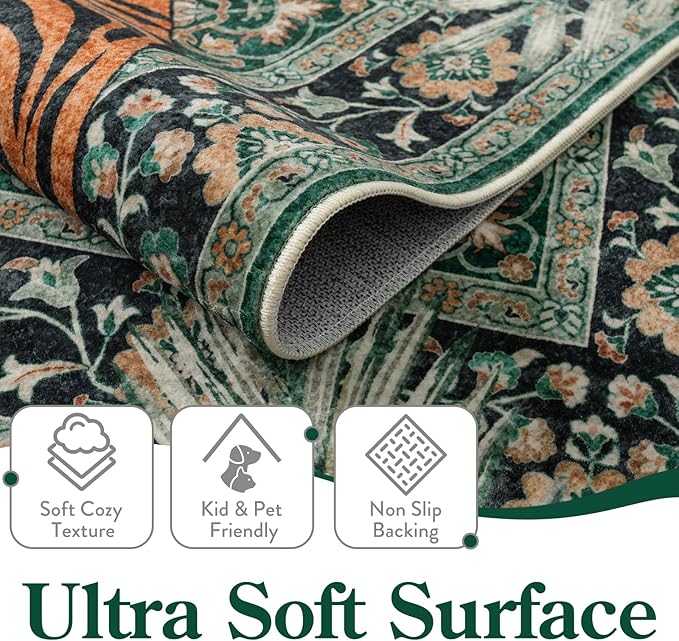 Moynesa Tiger 3x5 Washable Rug, Boho Area Rugs for Entryway, Green Non Slip Small Rug for Bedroom, Ultra Thin Botanical Soft Accent Carpet for Kitchen Entry Laundry Room