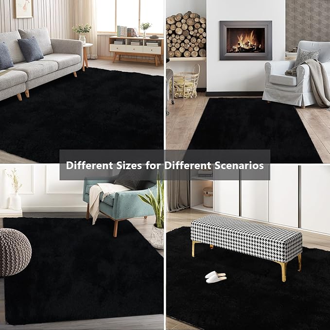 10X14 Large Shag Area Rugs for Living Room Bedroom,Big Soft Black Fluffy Rug for Bedroom Dorm, Indoor Carpet Nursery Rugs for Kids Girls Room Home Decor,Black