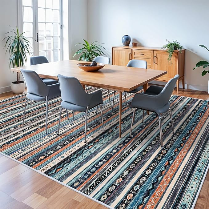 9x12 Area Rugs Living Room, Large Washable Rug for Bedroom Ultra Thin Moroccan Rug with Non Slip Rubber Backing Stain Resistant Soft Low Pile Indoor Carpet Dining Room Waterproof - 9x12 Blue/Multi