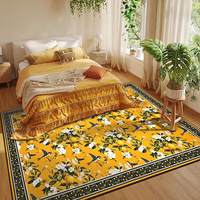 ASPMIZ Yellow Area Rug 5x7 Rug for Living Room Vintage Floral Washable Rugs for Bedroom Non Slip Soft Low Pile Lemon Throw Rugs for Dining Room Nursery Kitchen Entryway Laundry Office Mustard Yellow