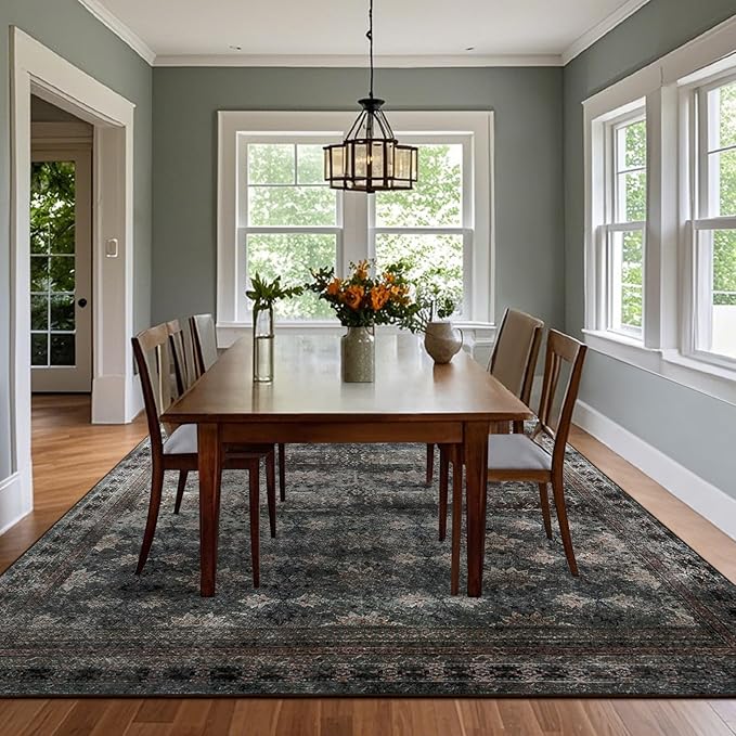 4x6 Area Rug for Bedroom Machine Washable, Non Slip Vintage Floral Kitchen Rugs for Dining Room, Rustic Indoor Floor Carpet for Kids Room, Playroom, Farmhouse, Office Brown/Multi