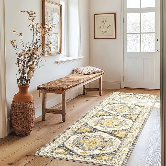 Washable 2x10 Area Rugs, Rugs for Living Room, Low-Pile Water&Stain Resistant Carpet Vintage Distressed Printed Non-Slip Carpet for Bedroom Bathroom Kitchen-Grey/Yellow
