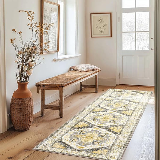 Washable 2x10 Area Rugs, Rugs for Living Room, Low-Pile Water&Stain Resistant Carpet Vintage Distressed Printed Non-Slip Carpet for Bedroom Bathroom Kitchen-Grey/Yellow