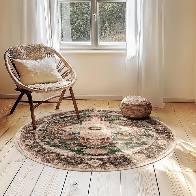 Washable 4ft Area Rugs, Rugs for Living Room, Low-Pile Water&Stain Resistant Carpet Vintage Distressed Printed Non-Slip Carpet for Bedroom Bathroom Kitchen-Green
