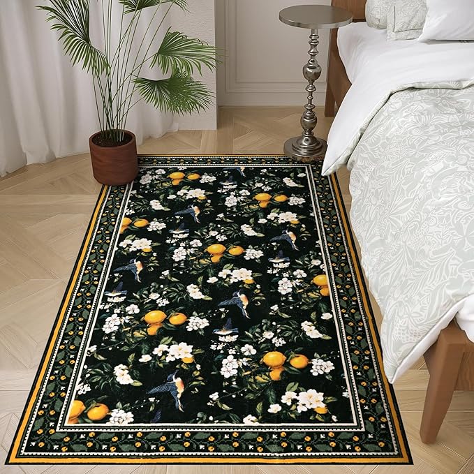 ASPMIZ Black Floral Area Rug, Vintage 3x5 Rug Washable Non Slip, Lemon Hummingbird Rugs for Living Room, Foldable Low Pile Soft Throw Rug Carpet for Bedroom Kitchen Dining Room Nursery Office
