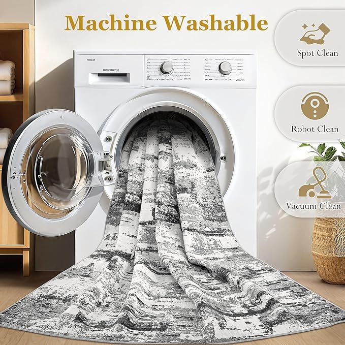 Area Rugs for Living Room: 5x7 Abstract Washable Rug Modern Neutral Large Soft Stain Resistant Non-Slip Backing Machine Table for Bedroom Dining Room Indoor Home Office Carpet - Black Grey