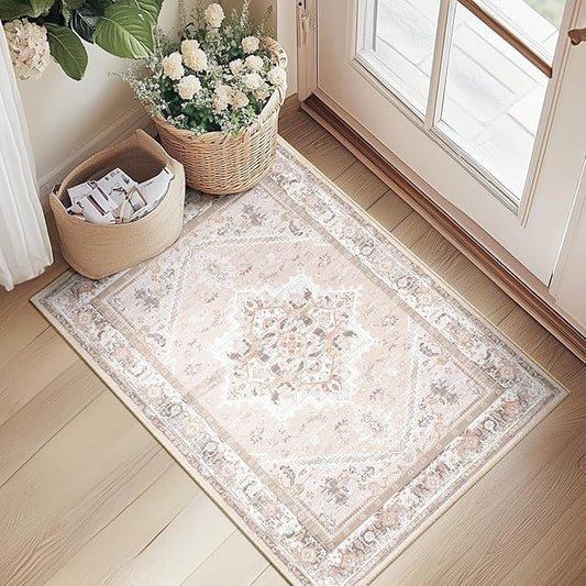 BESTSWEETIE 2x3 Area Rugs for Living Room Washable Non Slip Carpet Low Pile Soft Vintage Print Pattern Rug for Bedroom Dining Room Kitchen Entryway Indoor-Light Pink