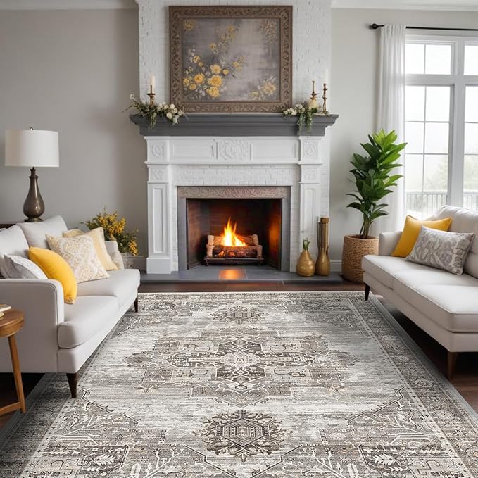 RUUGME Washable 8x10 Area Rugs - Large Rugs for Living Room Stain Resistant Carpet Vintage Rugs for Bedroom with Non Slip Backing Home Decor Floor Decoration Mat (8x10 Grey)