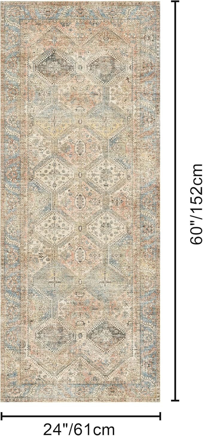 Bavni 2x5 Runner Rug Non Slip, Machine Washable Rug Runners for Hallways, Vintage Distressed Print Kitchen Runner, Low Pile Lightweight Carpet Runner for Entryway Laundry Bedroom Bathroom Wood Brown