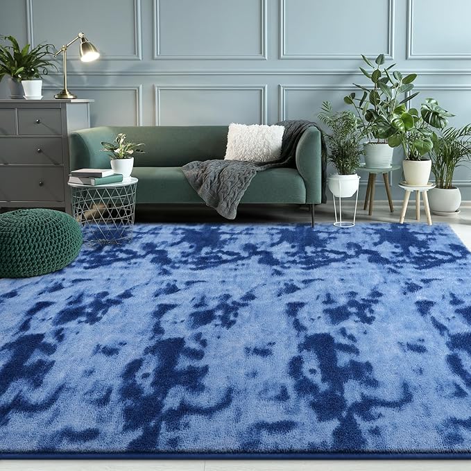 FlyDOIT Large Area Rugs for Living Room Bedroom, 6x9 Ft Tie-Dyed Navy Blue Ultra Soft Comfy Thickened Memory-Foam Indoor Carpets, Cozy Modern Floor Rug for Boys Girls Playroom Dorm Nursery Home Décor