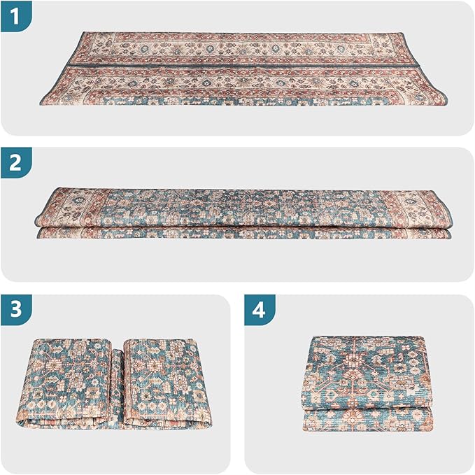 Dripex 3x5 Area Rugs, Machine Washable Non Slip Boho Rugs,Distressed Entryway Rug Doormat,No Pile Lightweight Vintage Rug, Smal Carpet Rug for Front Entrance,Office Bedroom,Blue and Red