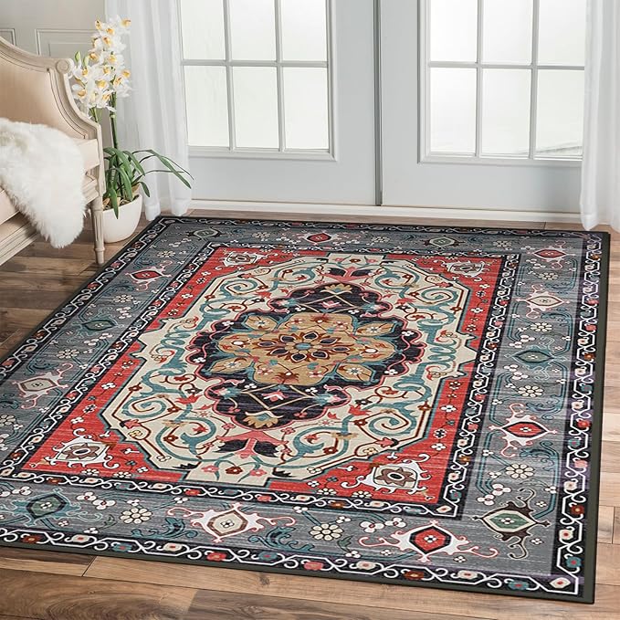 Washable Area Rugs 5'x7' Living Room, Non Slip Boho Vintage Low Pile Large Rugs for Living Room Stain Resistant for TribalBedroom, Farmhouse, Dining Room, Kids Playroom
