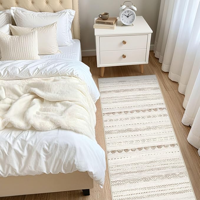 Runner Rug Kitchen Washable Rugs: 2x6 Non-Slip Boho Soft Modern Stain Resistant Indoor Floor Neutral Farmhouse Throw Carpet for Hallway Bathroom Laundry Room Entryway Bedroom- Beige