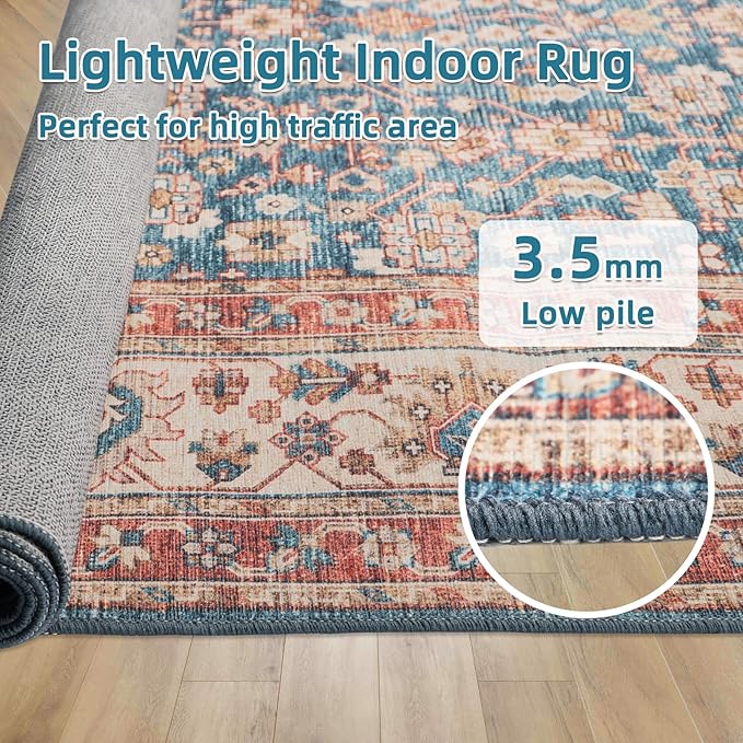 Dripex 8x10 Area Rugs, Machine Washable Non Slip Distressed Boho Rugs,Large Area Rug for Bedroom Aesthetic, No Pile Lightweight Vintage Rug, Carpet for Living Room Dining Room Apartment,Blue and Red