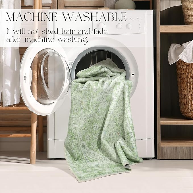 MUJOO Green Rug Washable Small Entryway Rug Boho Bathroom Rugs for Bedroom Non Slip Throw Carpet Sage Green Entry Area Rug for Front Door Laundry Room Soft Floral Indoor Home Decor 2'x3'