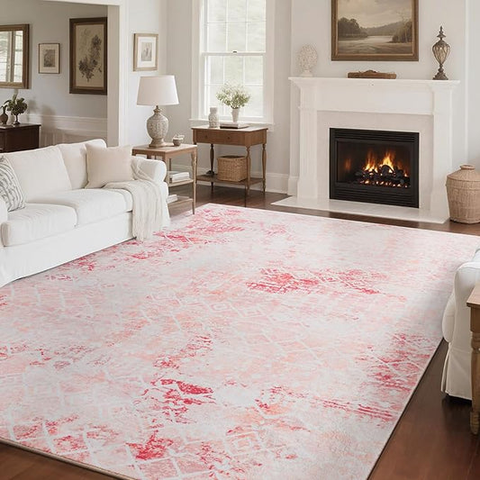 Carvapet Pink Rugs for Living Room Bedroom, Low Pile Large Carpet with Rubber Backing, Foldable, Non Slip Machine Washable (7 x 5 Feet Rectangular, Pink Area Rug)