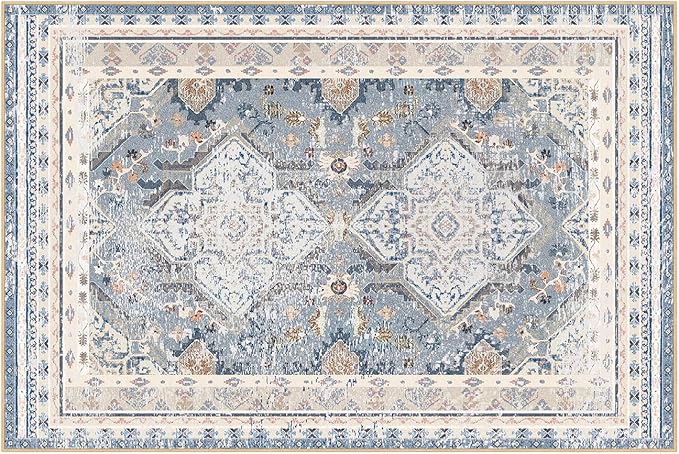 Phantoscope Vintage Collection Area Rug 6'x9' - Large Living Room Rug - Washable Rug Boho Rugs Non-Slip for Bedroom Dining Room, Low-Pile Floor Carpet Distressed Accent Rug, Dusty Blue/Multi