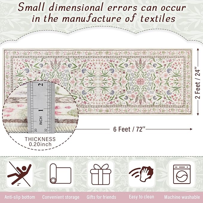 Amearea Pink Runner Rugs for Hallway, 2x6 Feet Area Rugs for Bedroom Girls, Washable Floral Collection Bedside Rugs Low Pile Print Carpet, Kids Room Entrance Kitchen Living Room Decor