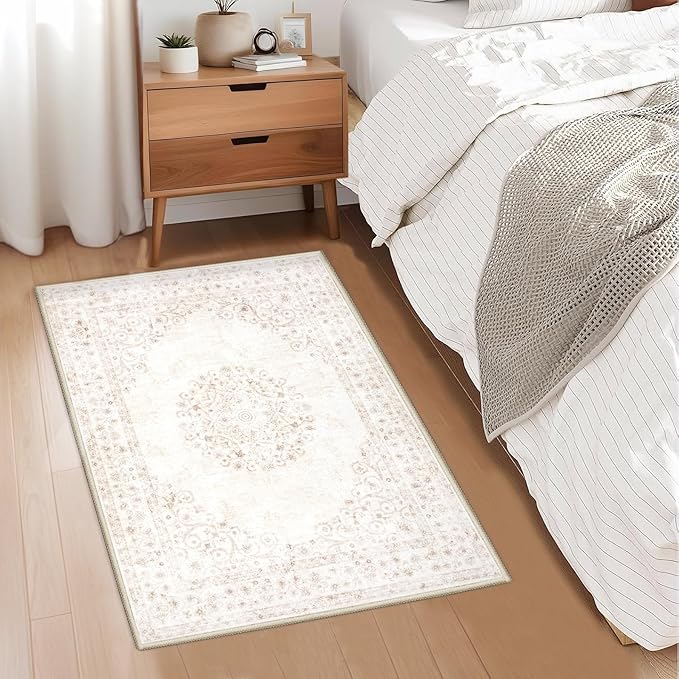 2x3 Area Rugs for Entryway: Washable Vintage Rug Indoor Soft Non-Slip Distressed Doormat for Bedroom Bathroom Kitchen Home Office (Beige, 2'x3')