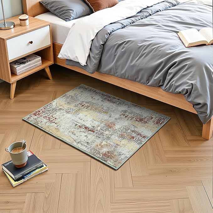 2x3 Washable Small Area Rug, Abstract Non-Slip Door Mat, Modern Low Pile Indoor Entryway Rugs, Tan Stain Resistant Throw Carpet for Front Door, Kitchen, Entry, Inside Entrance