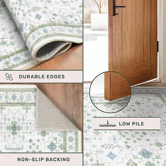 Washable Rugs for Living Room 10x12 - Cream Blue and Green Oriental Floral Geometric, Low Pile Non Slip Extra Large Area Rug for Dining Under Table, Bedroom, Lounge