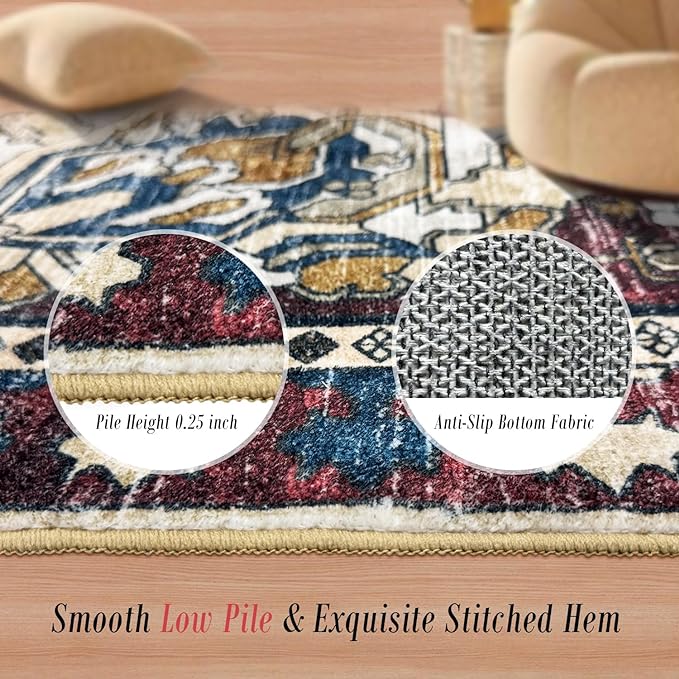 Washable Area Rugs - Perfect for Living Room, Bedroom, Kids Room, Nursery - Stain & Water Resistant Non-Slip, Pet & Child Friendly, Vintage Tribal Area Rugs (Rust and Blue, 6' x 9')