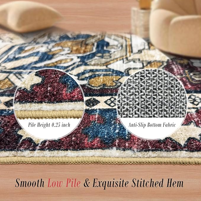 Washable Area Rugs - Perfect for Living Room, Bedroom, Kids Room, Nursery - Stain & Water Resistant Non-Slip, Pet & Child Friendly, Vintage Tribal Area Rugs (Rust and Blue, 8' x 10')