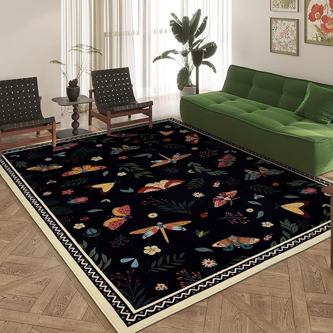 ASPMIZ Insect Area Rug 3X5, Black Bedroom Rug Non Slip, Spring Summer Washable Rug Farmhouse Butterfly Living Room Rugs Low Pile, Soft Faux Wool Throw Carpet for Entryway, Office, Nursery, Black
