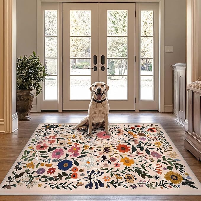 4x6 Rug Boho Floral Area Rug Bedroom Ultra-Thin Soft Low Pile Large Carpet Living Room Non Slip Dining Room Office Stain Resistant Washable Machine