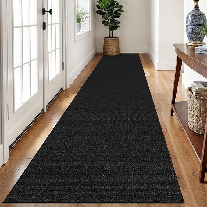 Braided Runner Rug 2.6x12 Ft Washable Runners for Hallways Non Slip Rubber Backed Kitchen Runners Cotton Extra Long Entryway Runner Indoor, Woven Carpet for Hall Entryway, Black/Grey