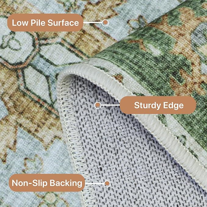 2X5 Area Rugs Machine Washable Runner Rugs for Living Room, Vintage Boho Rugs for Bedroom Dining Room, Non Slip Indoor Soft Distressed Lightweight Thin Low Pile Carpet, Green Brown Blue
