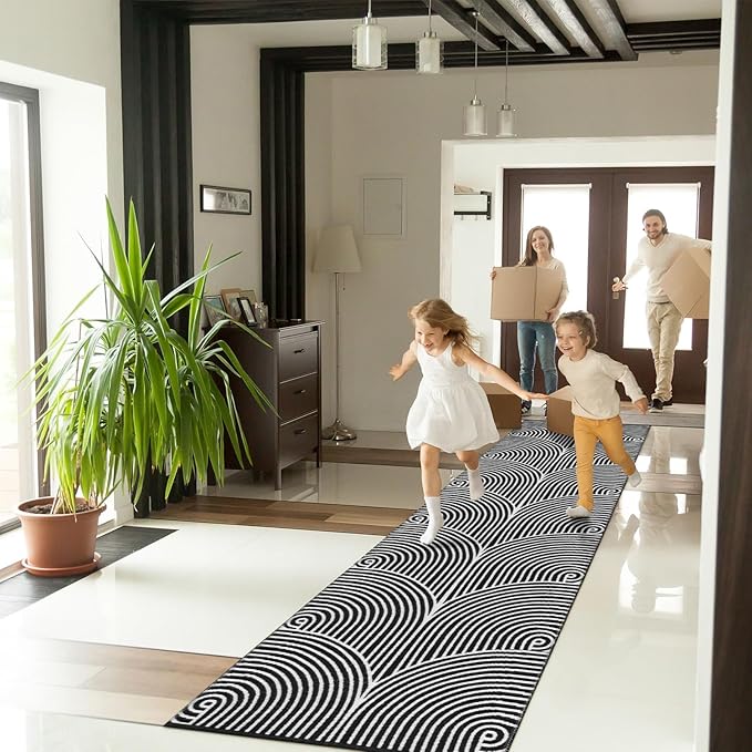 Tiffasea Long Hallway Runner Rug 2.6'x10' Washable Rugs Modern Reversible Black Kitchen Runner Cotton Hand-Woven Indoor Entryway Rug Carpet Runners for Bathroom Bedroom Laundry Room