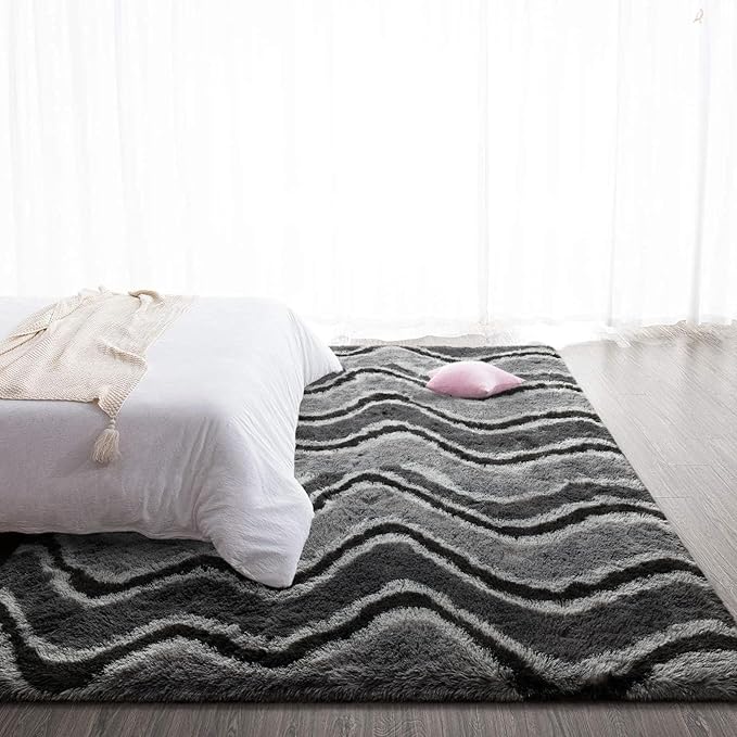TWINNIS Super Soft Shaggy Rugs Fluffy Carpets, 5x8 Feet, Indoor Modern Plush Area Rugs for Living Room Bedroom Kids Room Nursery Home Decor, Upgrade Anti-Skid Rectangular Fuzzy Rug, Dark Grey Black