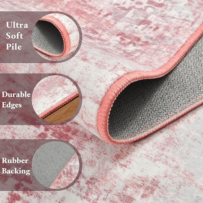Washable Abstract Rug, 6x9 Modern Area Rugs with Non-Slip Rubber Backed for Living Room, Thin but Soft Contemporary Carpet Kitchen Bedroom Dining Room Decor, Pink