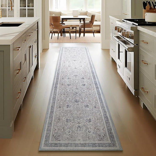 Phantoscope Hallway Runner Rug 2'x10' - Boho Washable Non-Slip Kitchen Rug Runner, Ultra-Thin Vintage Distressed Accent Throw Rug for Entryway Laundry Bathroom Bedroom, Light Grey/Neutral