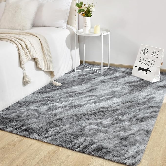TWINNIS Super Soft Shaggy Rugs Fluffy Carpets, 4x5.9 Feet, Indoor Modern Plush Area Rugs for Living Room Bedroom Kids Room Nursery Home Decor, Upgrade Anti-Skid Rectangular Fuzzy Rug, Grey Black