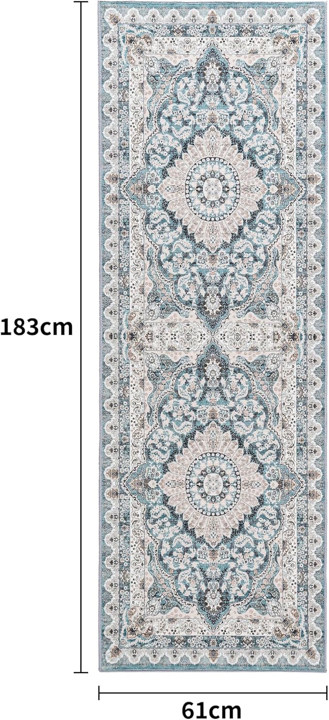 Foxmas Hallway Runner Rug, 2x6 Vintage Kitchen Runner Area Rugs Non Skid Washable, Low Pile Throw Rugs with Rubber Backing Carpet for Laundry Room Entryway Bedroom Home Decor, Blue