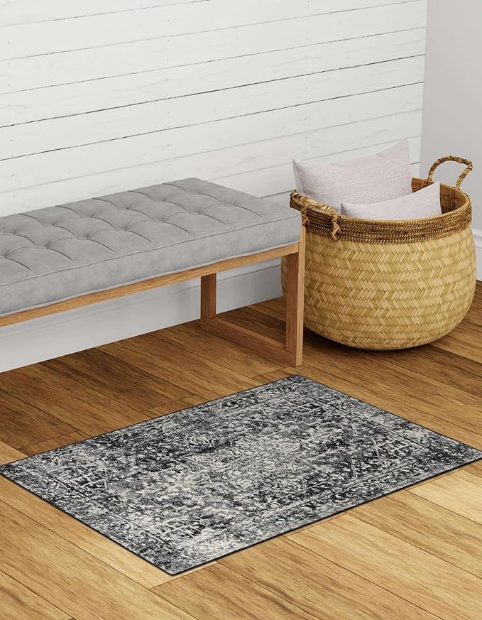 Morebes Vintage 2x3 Black Entryway Rugs, Washable Kitchen Rug Non Slip Indoor Door Mat, Medallion Stain-Resistant Soft Low Pile Throw Carpet for Entrance Bathroom Bedroom