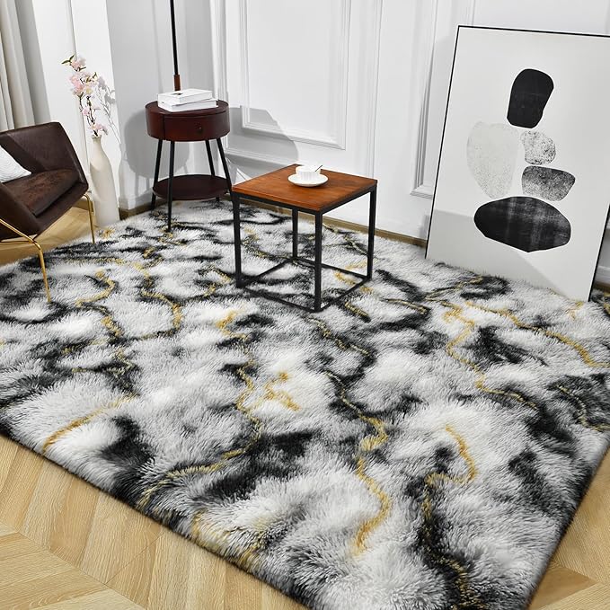 TWINNIS Super Soft Shaggy Rugs Fluffy Carpets, 6x9 Feet, Indoor Modern Plush Area Rugs for Living Room Bedroom Kids Room Nursery Home Decor, Upgrade Anti-Skid Rectangular Fuzzy Rug, Grey Gold