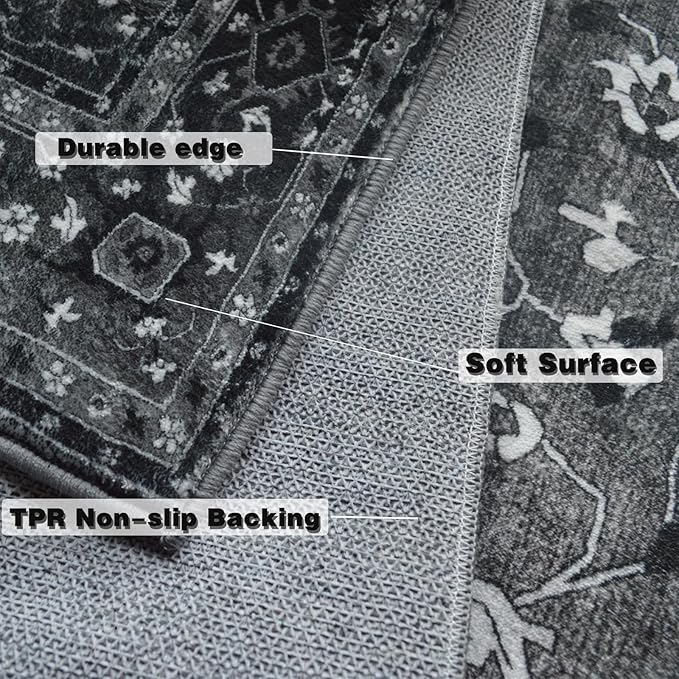 Yancorp 6'x9' Large Area Rug for Livingroom Non Slip Big Black and White Rug Washable Area Rug for Bedroom Ultra Soft Foldable, Vintage Carpet Stain Resistant Rugs Black Grey