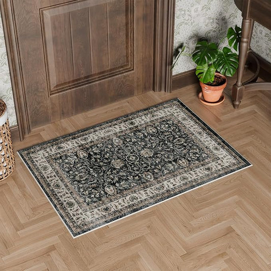 Dripex 2x3 Area Rugs, Machine Washable Non Slip Boho Rugs,Distressed Small Entryway Rug Doormat, No Pile Lightweight Vintage Rug, Floor Carpet for Front Entrance Kitchen Bathroom,Blue and Brown