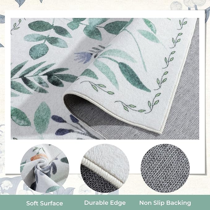 Syalife 2x3 Area Rugs, Non Slip Washable Small Rugs for Entryway, Kitchen, Bathroom, Kids Room, Low Pile Entry Throw Rug Indoor Front Door Mat (Green Leafy, 2'x3')