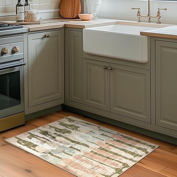 jinchan Spring Area Rug 2x3 Modern Abstract Washable Entryway Rug Soft Small Moss Green Multi Contemporary Accent Mat Non Slip Backing Carpet for Kitchen Bathroom Laundry Room
