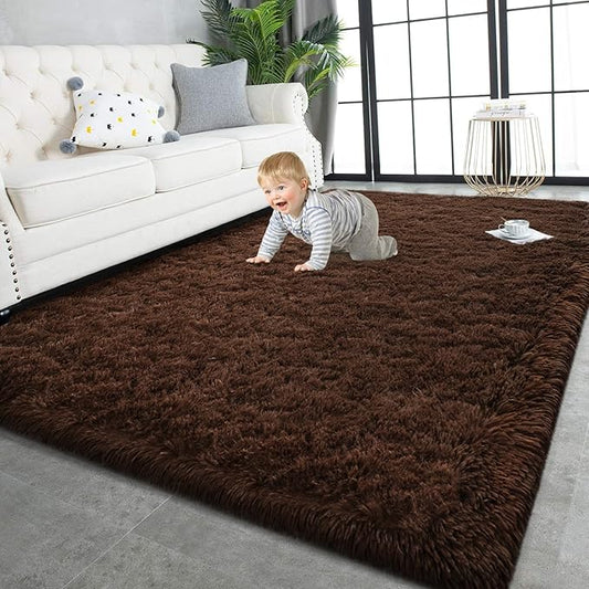 TWINNIS Super Soft Shaggy Rugs Fluffy Carpets, 8x10 Feet, Indoor Modern Plush Area Rugs for Living Room Bedroom Kids Room Nursery Home Decor, Upgrade Anti-Skid Rectangular Fuzzy Rug, Brown