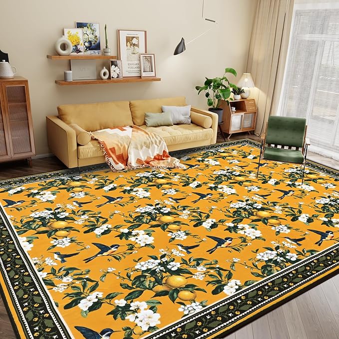 ASPMIZ Mustard Yellow Area Rug 8x10 Vintage Floral Large Rugs for Living Room Washable Lemon Throw Rugs Non Slip Foldable Soft Low Pile Floor Carpet for Bedroom Kitchen Dining Room Nursery Office
