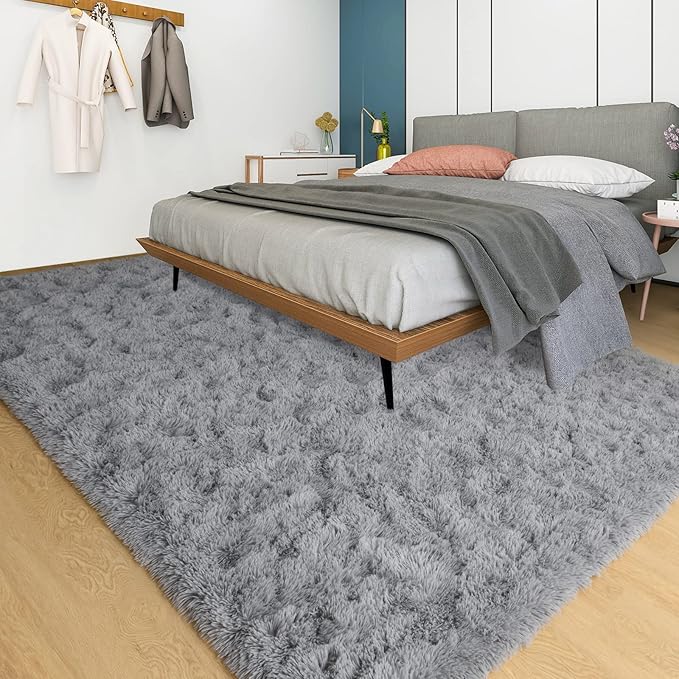 YJ.GWL Area Rugs for Living Room Bedroom, 3x5 Machine Washable Small Grey Bedside Rug, Soft Fluffy Shaggy Thick Shag Indoor Floor Carpet for Kids Boy and Girls Room Preppy Dorm Home Decor Aesthetic