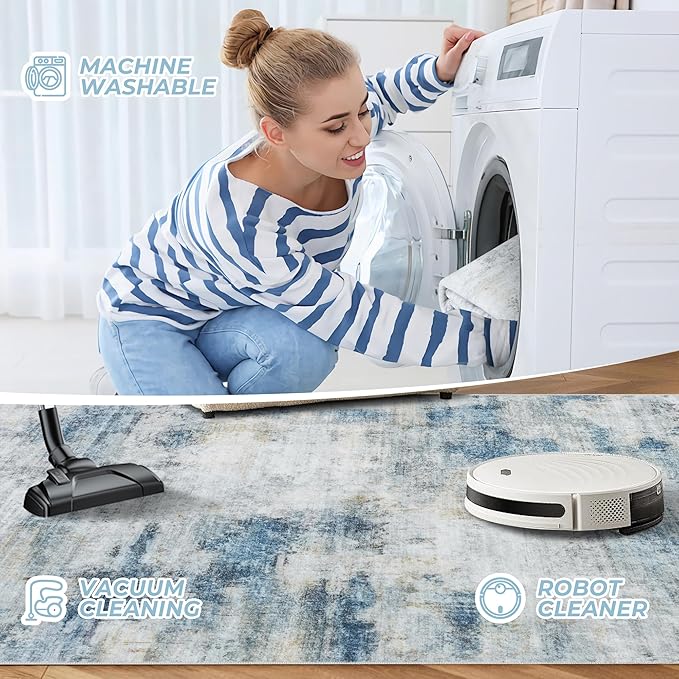 4'x6' Washable Area Rug - Modern Abstract Carpets for Living Room, Bedroom & Dining Room, Stain Resistant, Soft Non-Slip, Machine Washable (Blue Grey)