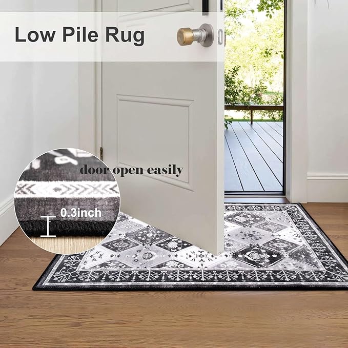 2x3 Small Washable Area Rug for Entryway, Black/Grey Boho Non-Slip Indoor Kitchen Rugs, Moroccan Floral Trellis Carpet Soft Low Pile Vintage Throw Mat for Bedroom Bathroom Front Door