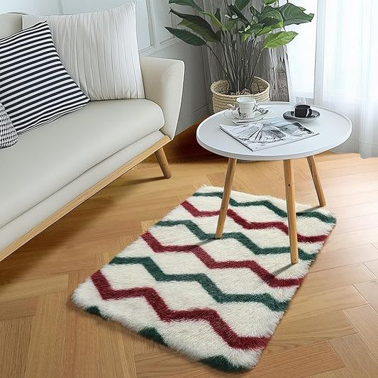 RUGTUDER Small Rug for Bedroom, Washable 2x3 Throw Rugs for Living Room, Cream Red Green Non Slip Fluffy Fuzzy Shag Soft Rugs Striped Chevron Modern Geometric Rug for Bedside Kids Room Decor Aesthetic