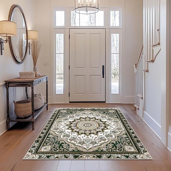 4x6 Area Rug Machine Washable Rugs Traditional Oriental Vintage White Dark Green Rug Non-Slip Low Pile Large Carpet for Home Kitchen Living Room Bedroom Dining Room Office